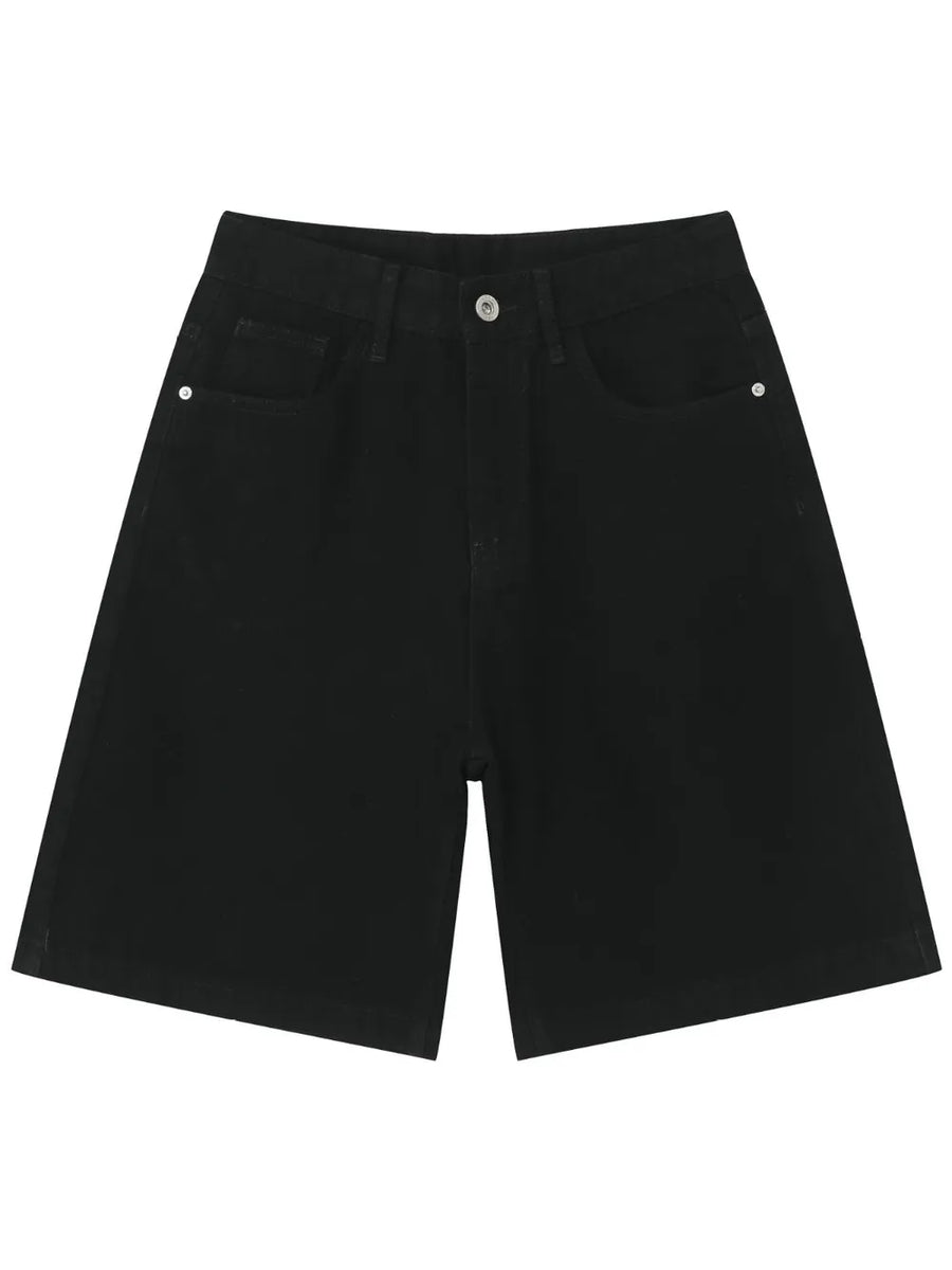 Black baggy denim bermuda shorts with button closure and washed effect.