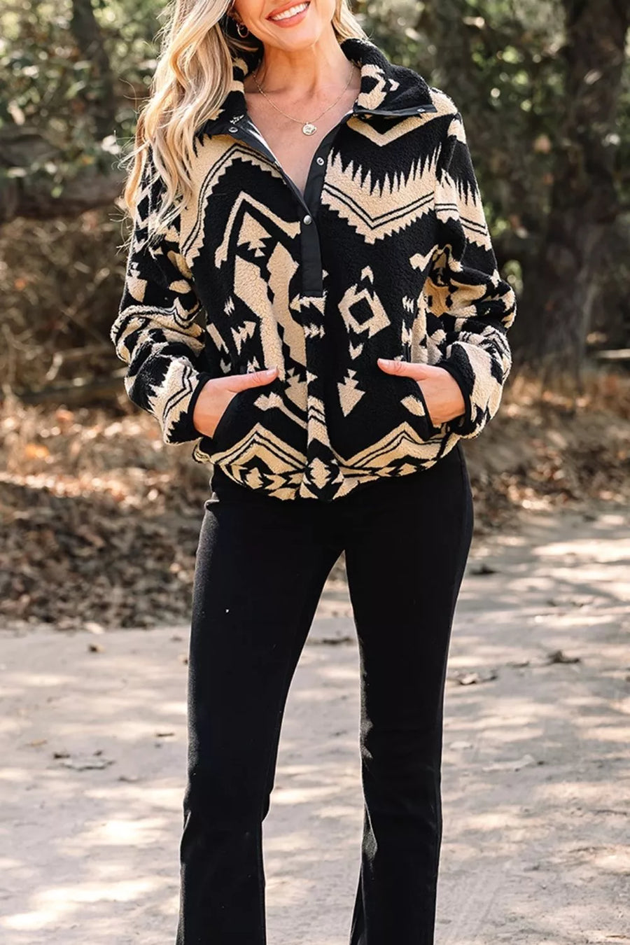 Black Aztec Print Fleece Snap Down Sweatshirt
