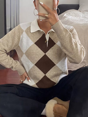 Khaki with Button-down Ribbed Sweater