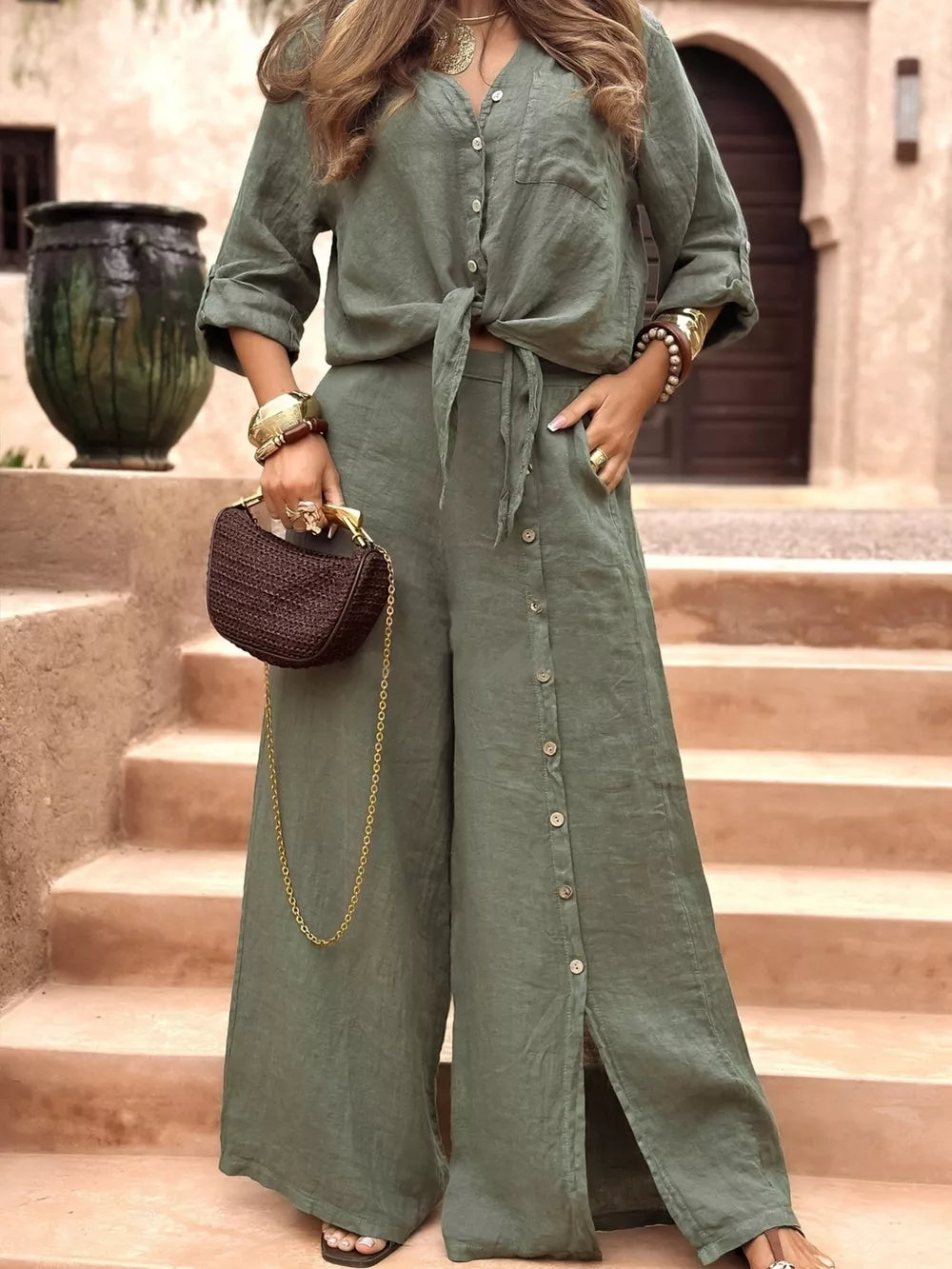 taupe pant set with buttoned and rolled sleeve
