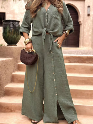 taupe pant set with buttoned and rolled sleeve