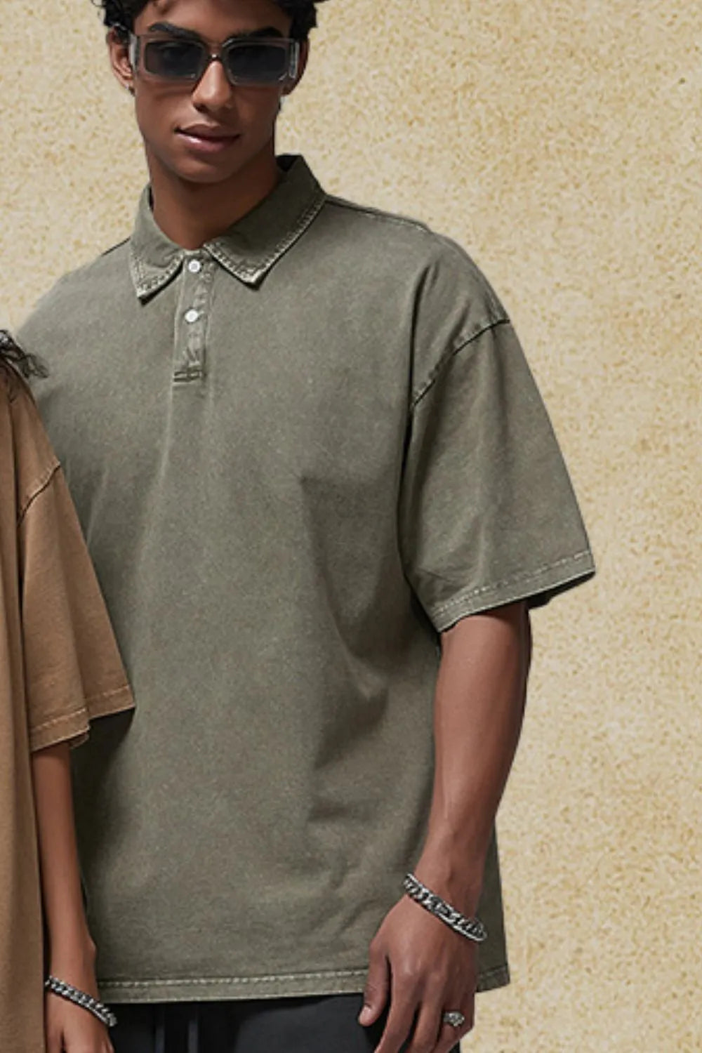 Oversized washed polo shirt in sage with short sleeves and a button placket.
