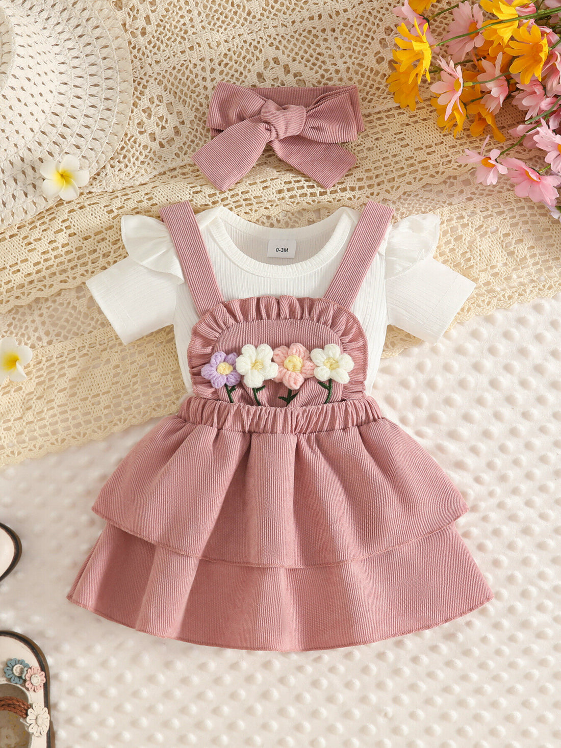 dusty rose overall dress with floral and round neck