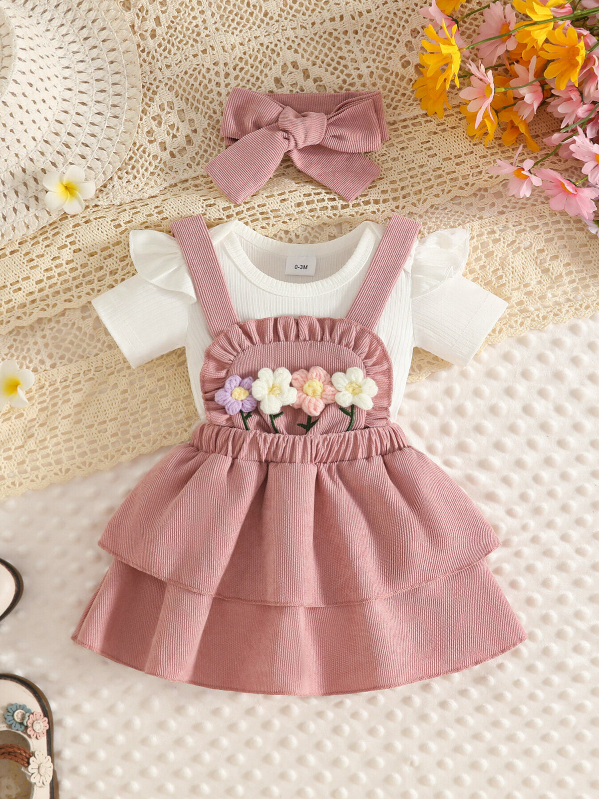 dusty rose overall dress with floral and round neck