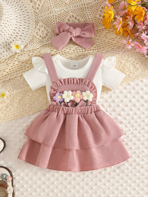 dusty rose overall dress with floral and round neck