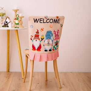 Easter gnome and bunny chair cover with welcome text and pink polka dot ruffle