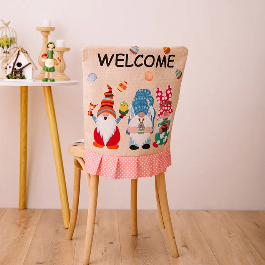 Easter gnome and bunny chair cover with welcome text and pink polka dot ruffle