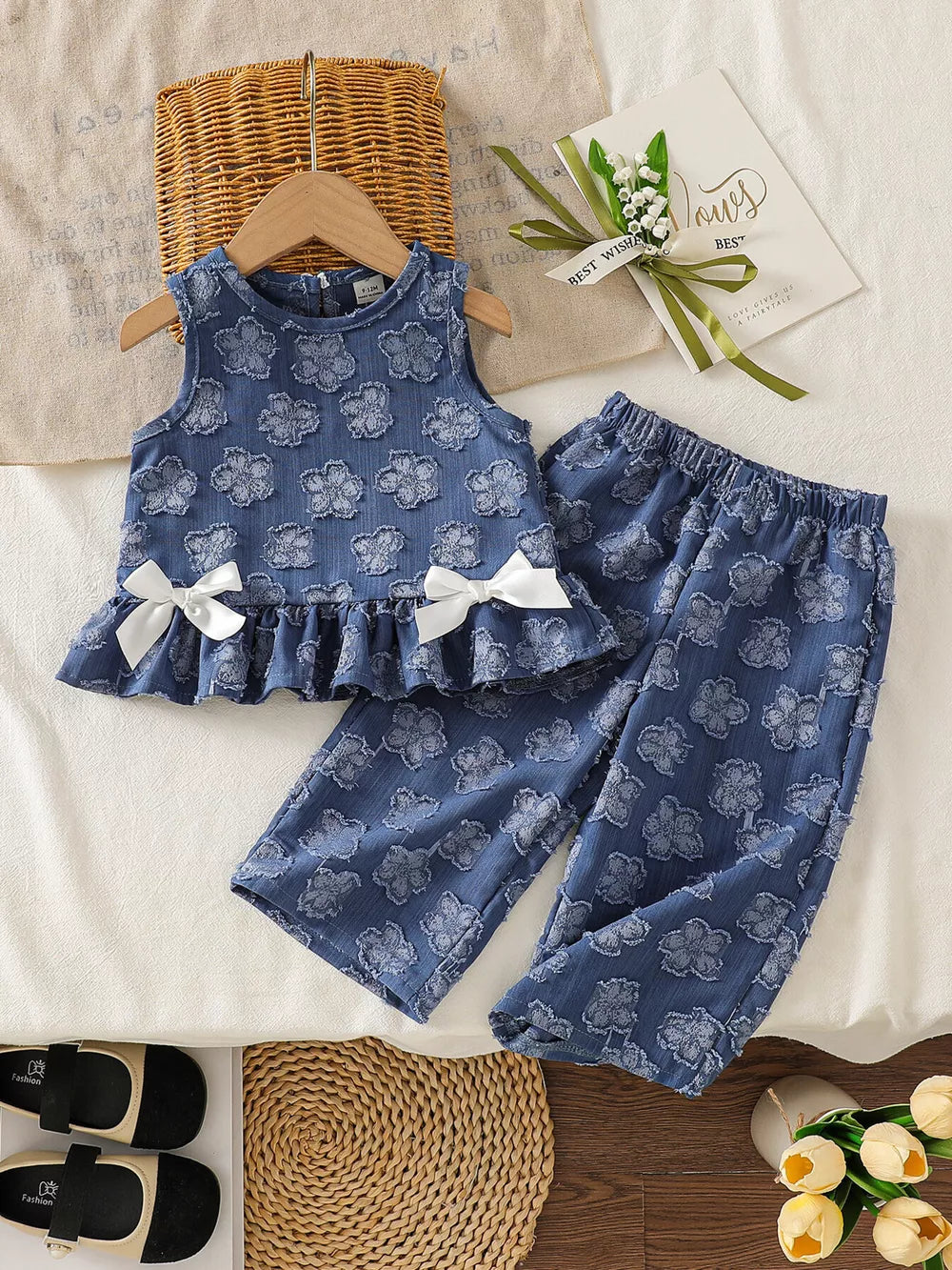 Children's Floral Round Neck Tank And Pants Set