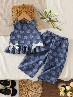 Children's Floral Round Neck Tank And Pants Set