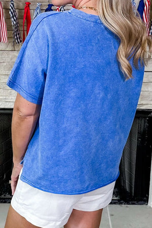 Blue cotton t-shirt with short sleeves and notched neck, featuring patriotic appliqué detail.