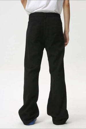 Black denim wide-leg trousers with a casual fit and flared hem.