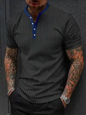 navy blue henley featuring basic style and striped