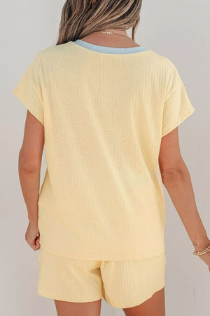 Pastel Yellow Cozy Season Embroidered Graphic Relaxed Two-piece Short Set