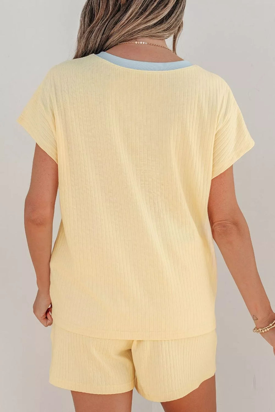 Pastel Yellow Cozy Season Embroidered Graphic Relaxed Two-piece Short Set