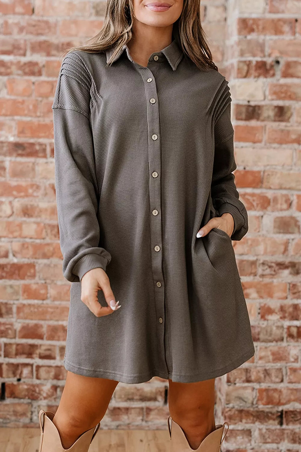 Dark Gray Casual Button-down Dress With Pockets