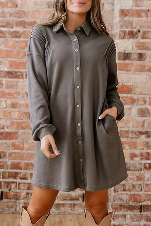 Dark Gray Casual Button-down Dress With Pockets