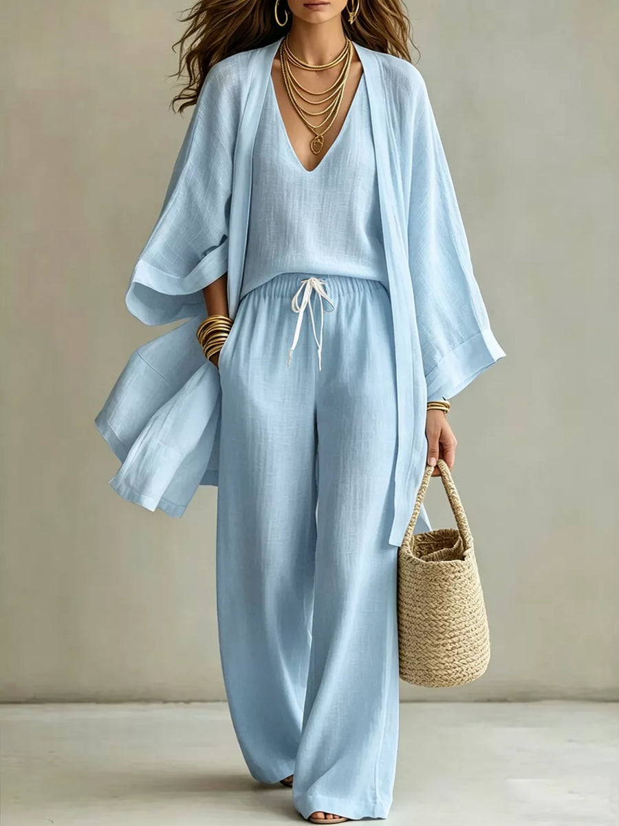 Light blue linen blend kimono set with V-neck top and wide-leg pants, drawstring waist.