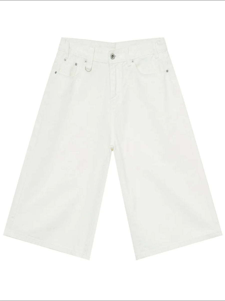 Ivory wide-leg denim culottes with a relaxed fit and classic five-pocket styling.