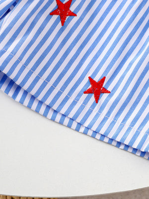 Baby outfit set with blue and white stripes and red embroidered stars.