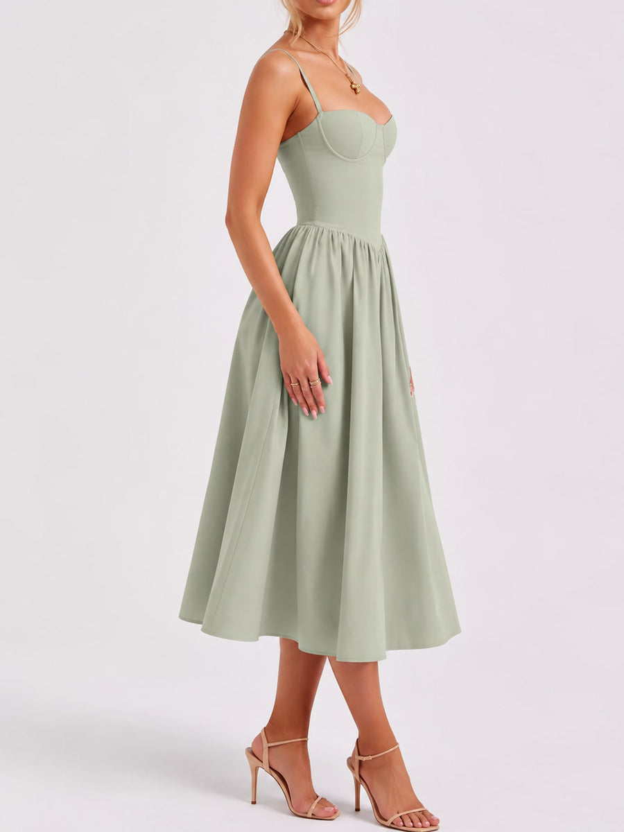 white midi dress with seam detail and spaghetti strap