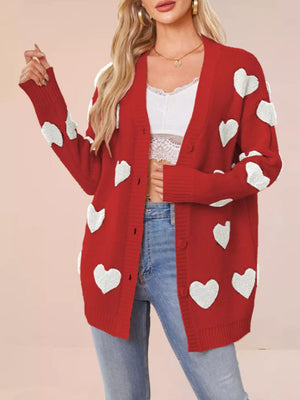 red cardigan with heart and v-neck