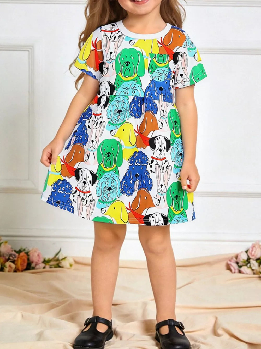 Toddler dress with colorful cartoon dog print, short sleeves, and above-knee length.