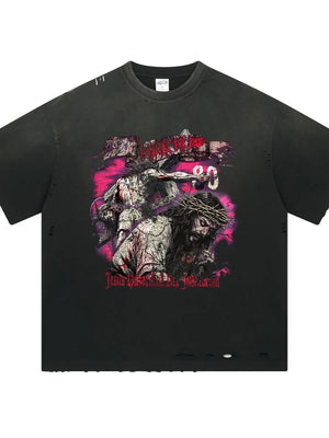 Black oversized ripped graphic tee with Jesus crucifixion print and distressed details.