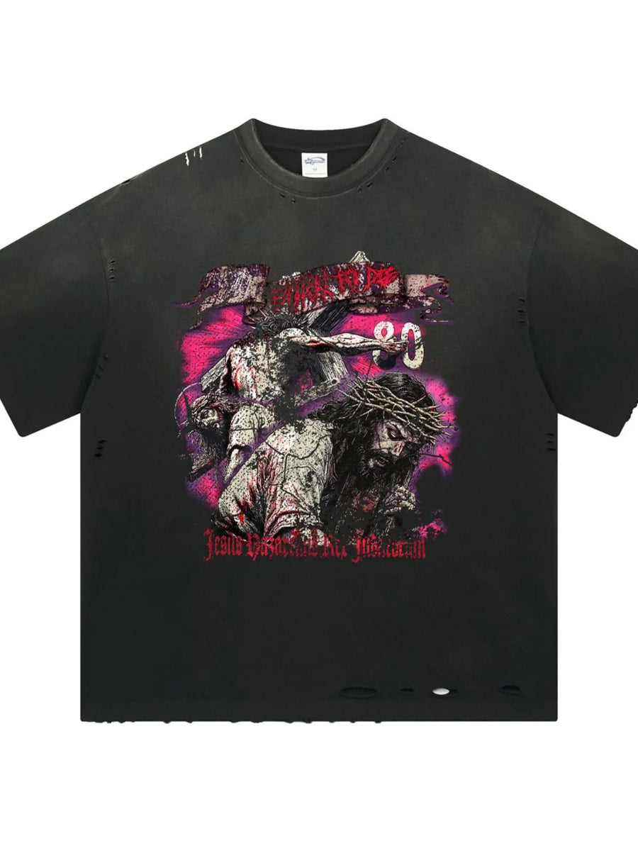 Black oversized ripped graphic tee with Jesus crucifixion print and distressed details.