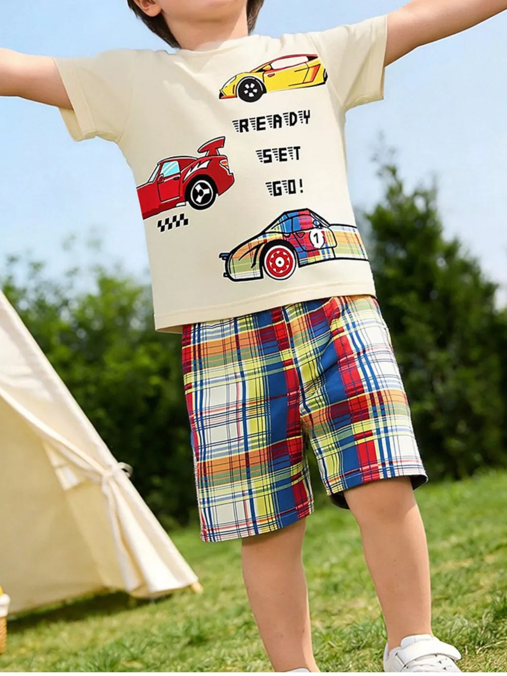 Baby boys' racing car t-shirt and plaid shorts set in cotton.