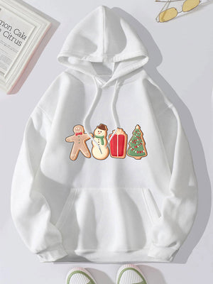 White hoodie with adjustable hood and festive cookie graphic of gingerbread man, snowman, gift, and Christmas tree.