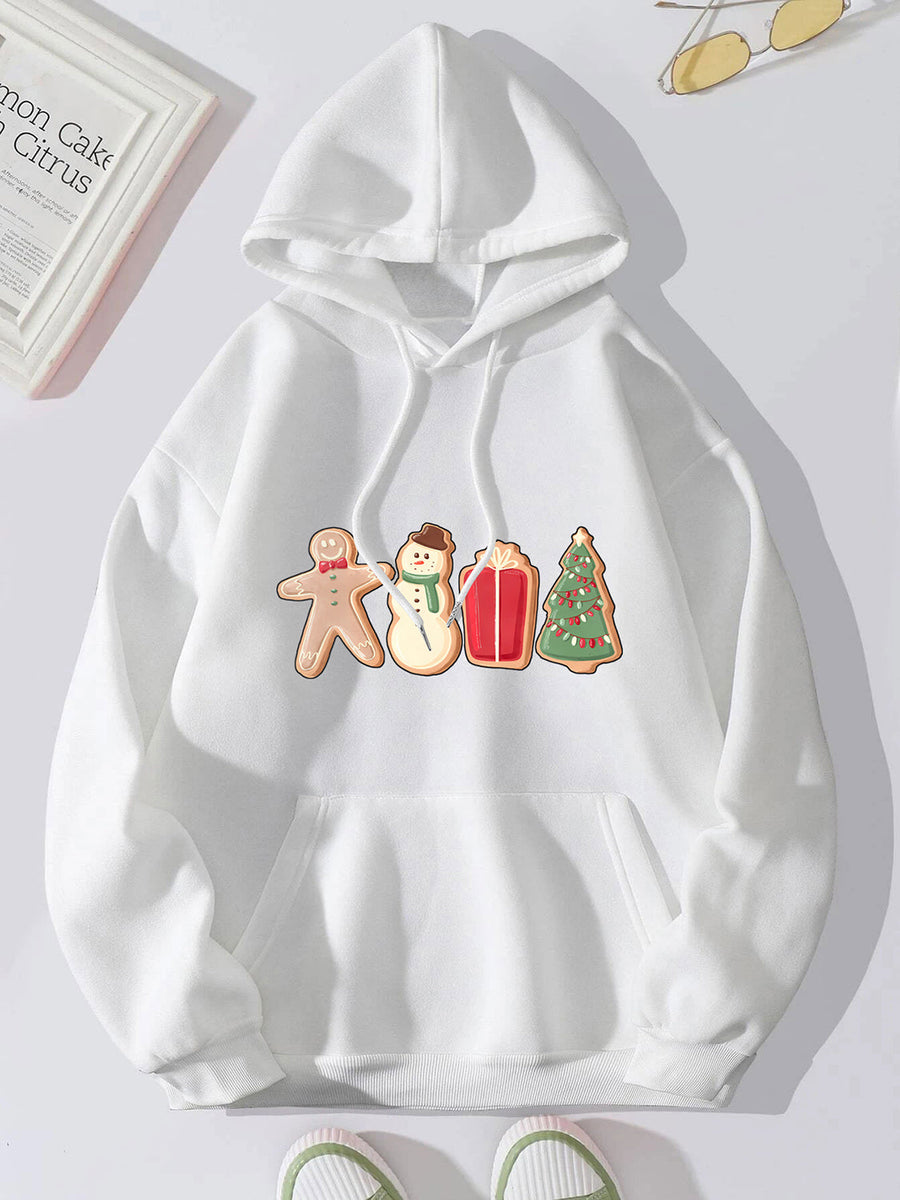 White hoodie with adjustable hood and festive cookie graphic of gingerbread man, snowman, gift, and Christmas tree.