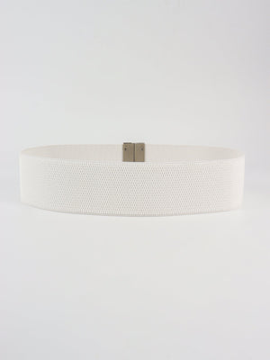 White elastic belt with a silver-tone clasp