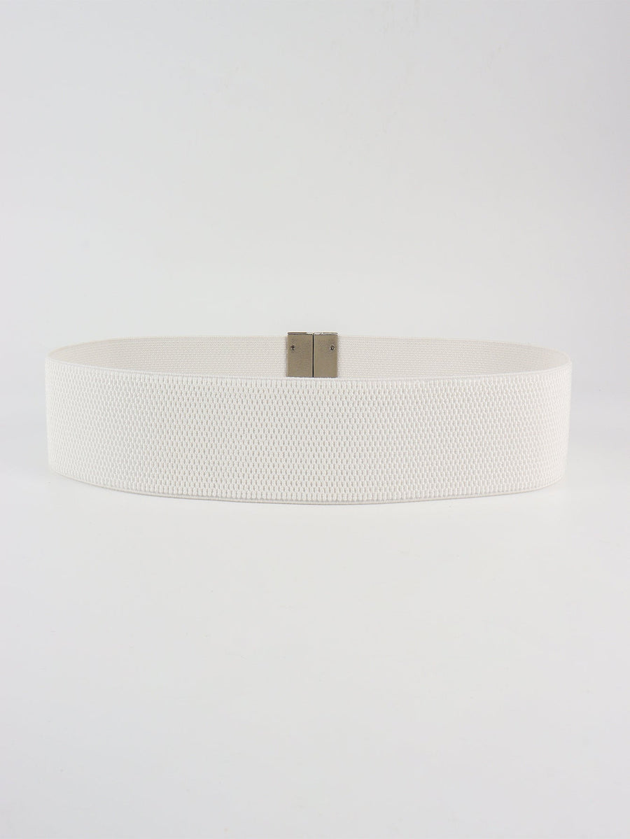 White elastic belt with a silver-tone clasp