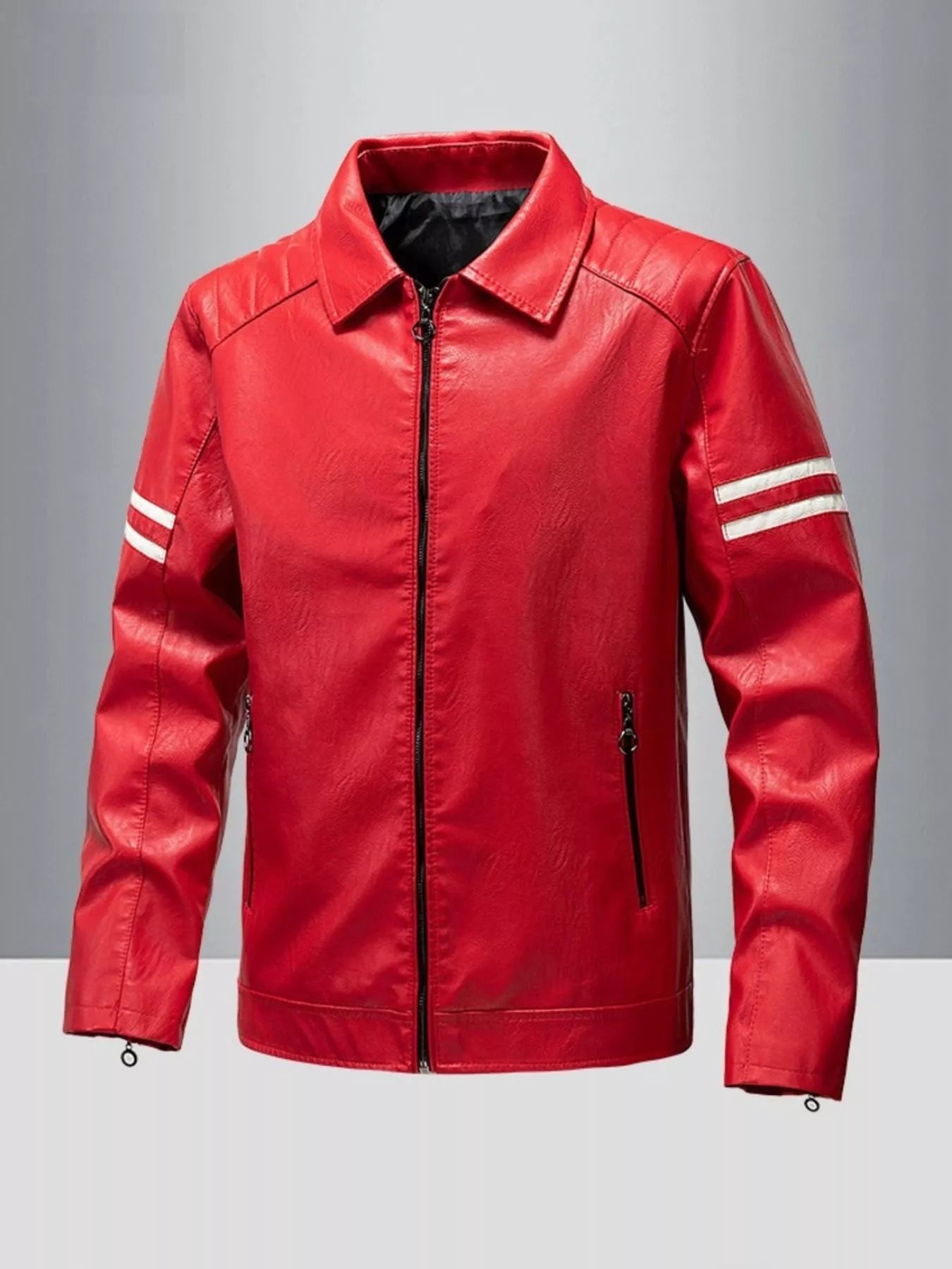 Men's red leather motorcycle jacket with white stripe detail on sleeves