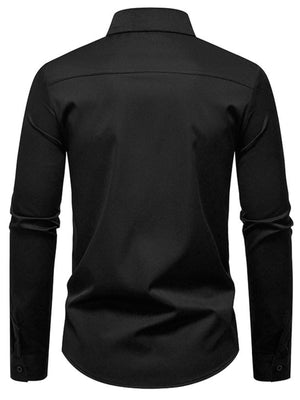 Black cotton long sleeve buttoned shirt with a classic collar.