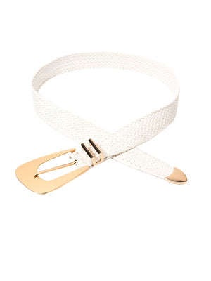White woven raffia belt with gold-tone buckle and tip.