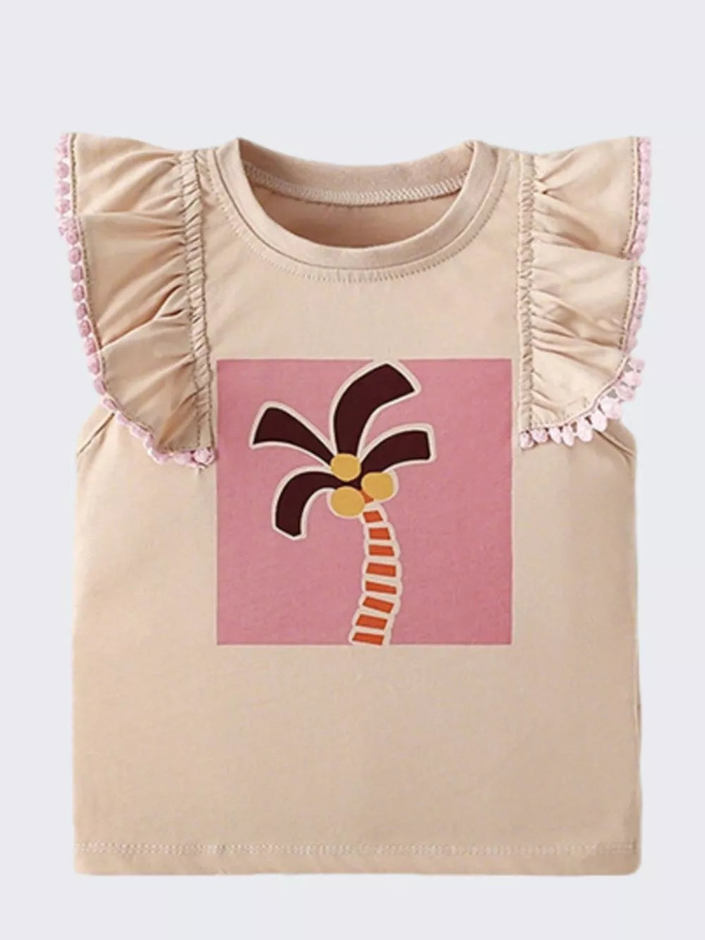 Baby t-shirt in beige cotton with playful palm tree graphic and pink ruffle sleeves.