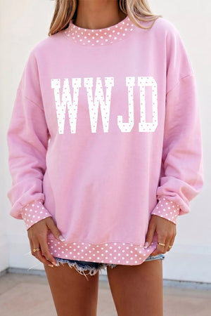 light pink sweatshirt with polka dot and mock neck