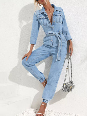 Button Front Belt Denim Jumpsuit option 5