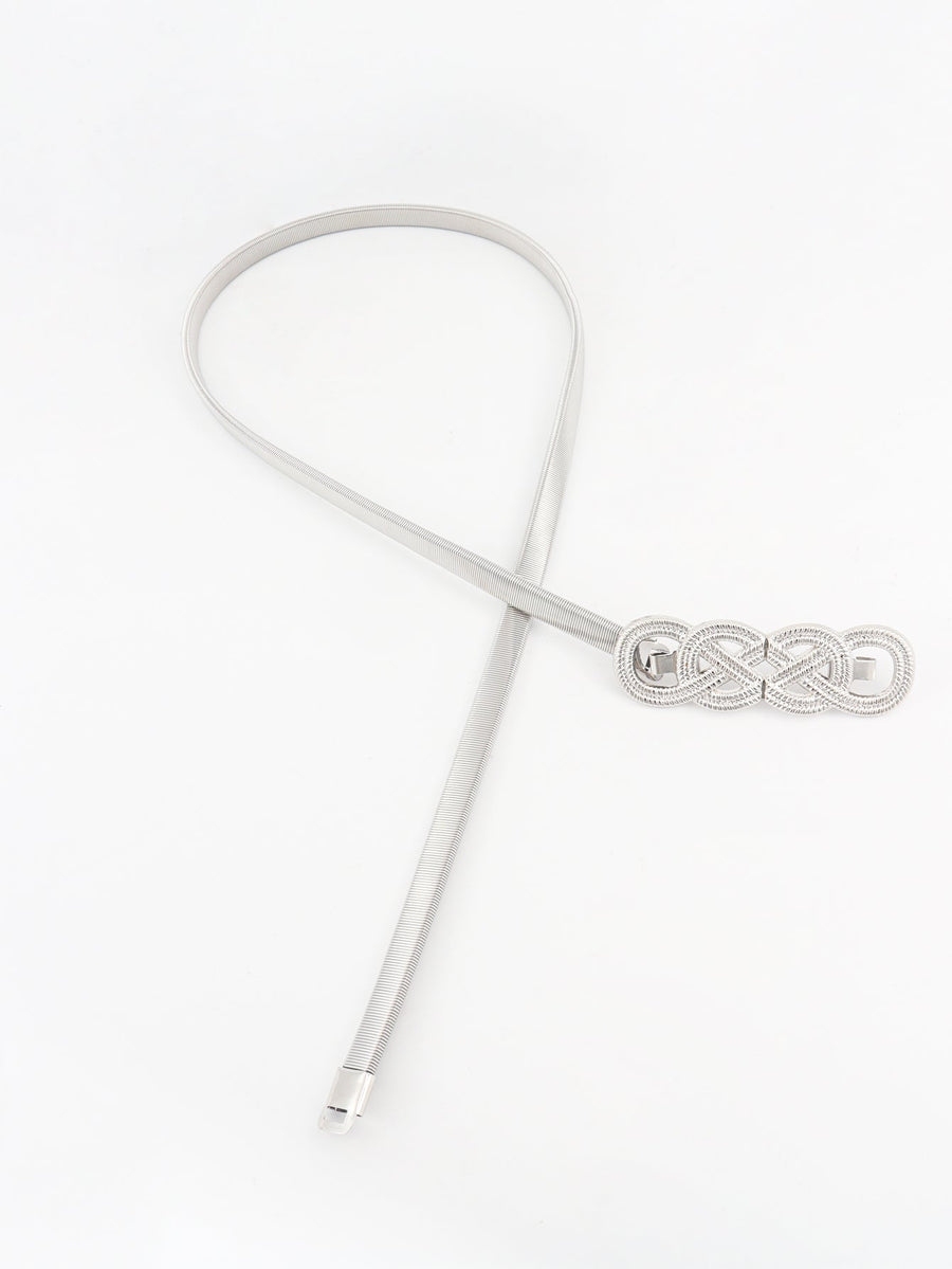 Silver intertwined knot metal waist belt with a flexible ribbed band.