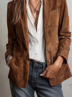 dark brown blazer with hip-length and button-front