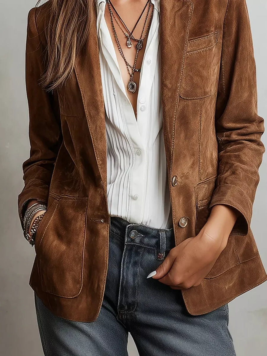 dark brown blazer with hip-length and button-front