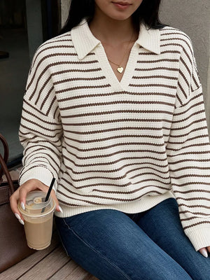 pullover sweater in Coffee Brown with striped and polo collar