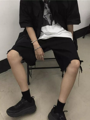 Black Men's Full Size Raw Hem Shorts
