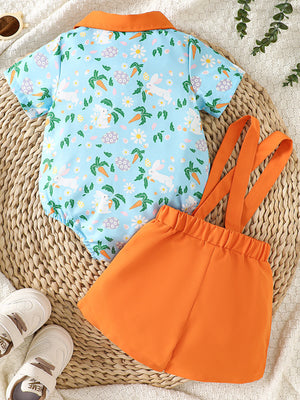 Baby bodysuit with bunny and carrot print, orange collar, and orange suspender shorts.