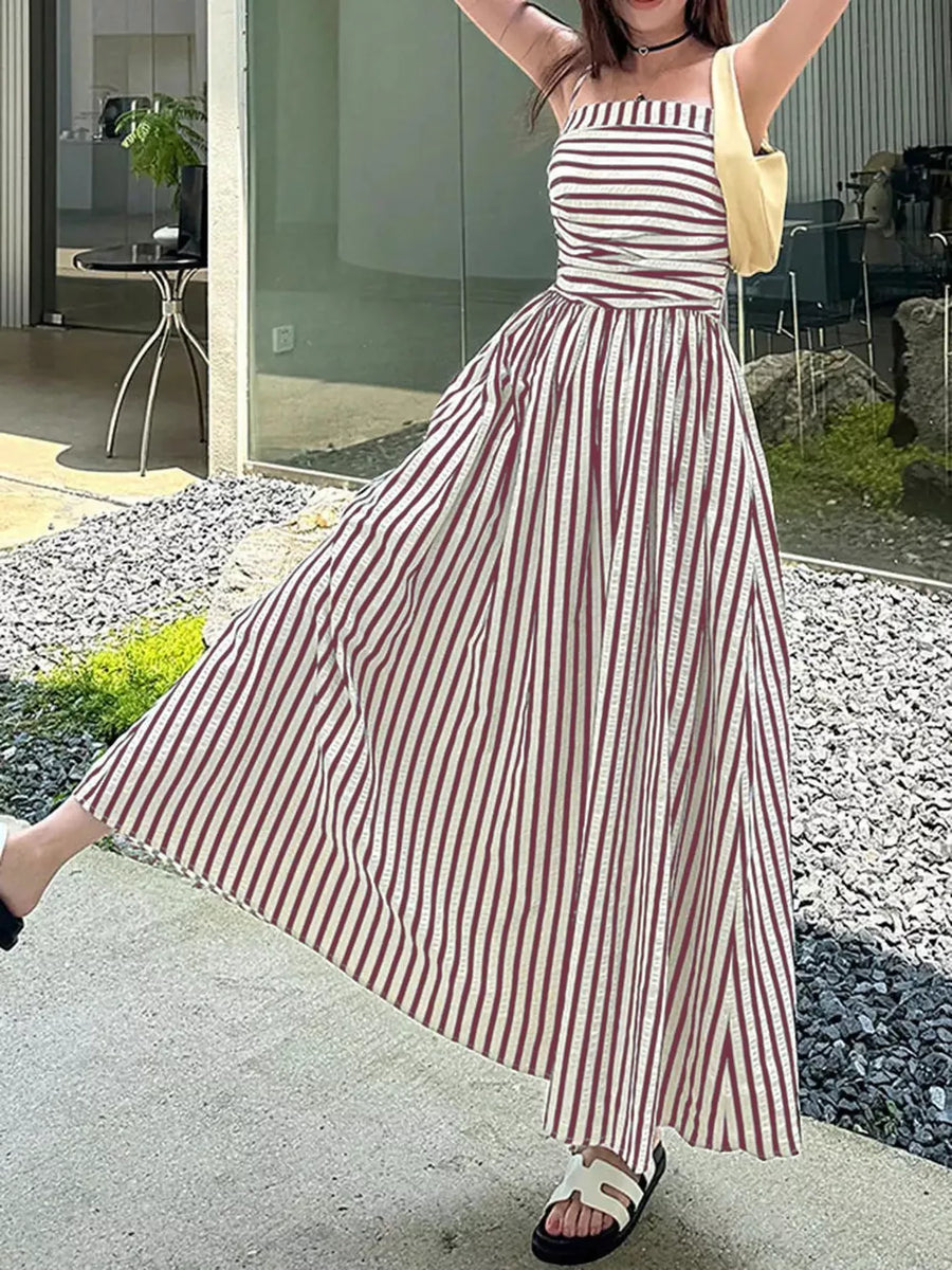 Maxi dress with red and white stripes, square neckline, and a thigh-high slit.