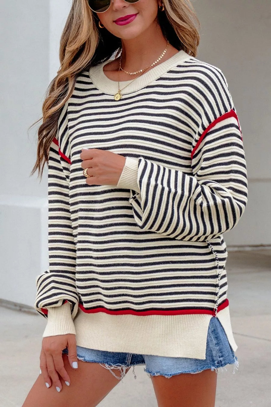 Stripe Ribbed Trim Drop Shoulder Oversized Sweater option 5