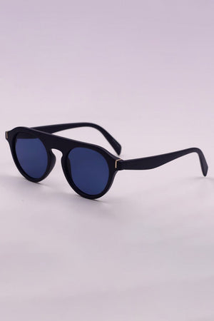 Round frame sunglasses with dark rims and blue lenses, featuring gold accents.