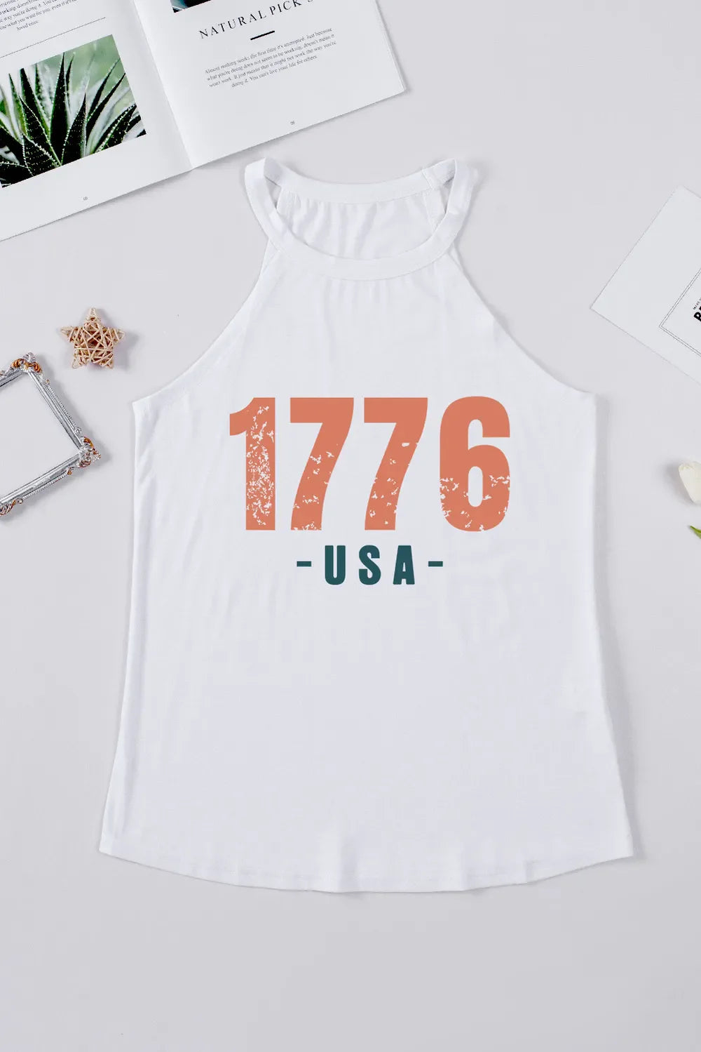 White halter tank top with distressed 1776 USA graphic