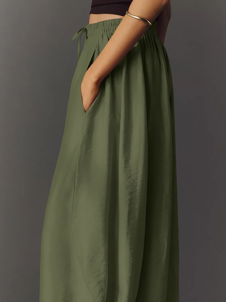 Elastic-Waist Pocketed Drawstring Wide Leg Pants in Army Green with drawstring